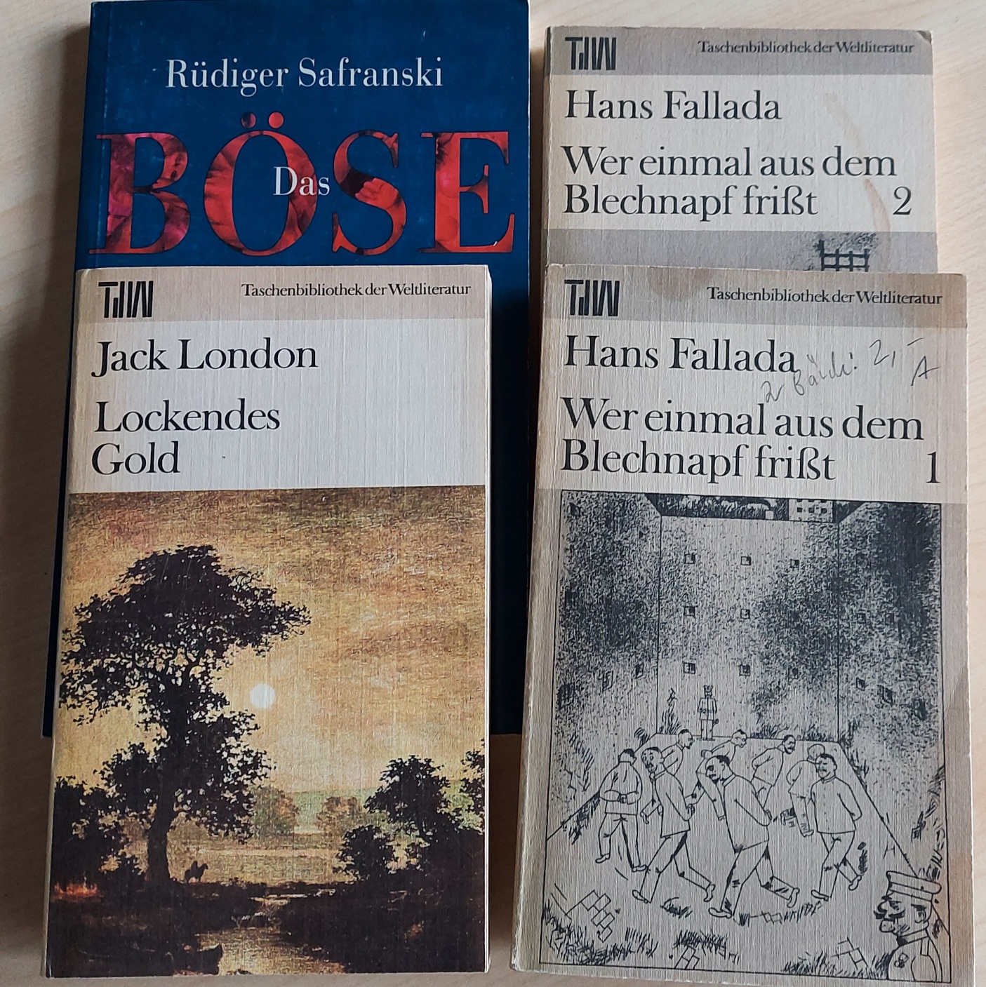 Vier Bücher mit Gebrauchsspuren aus dem Antiquariat: „Wer einmal aus dem Blechnapf frisst“ (Hans Fallada, 2 Bände); „Lockendes Gold“ (Jack London); „Das Böse“ (Rüdiger Safranski)