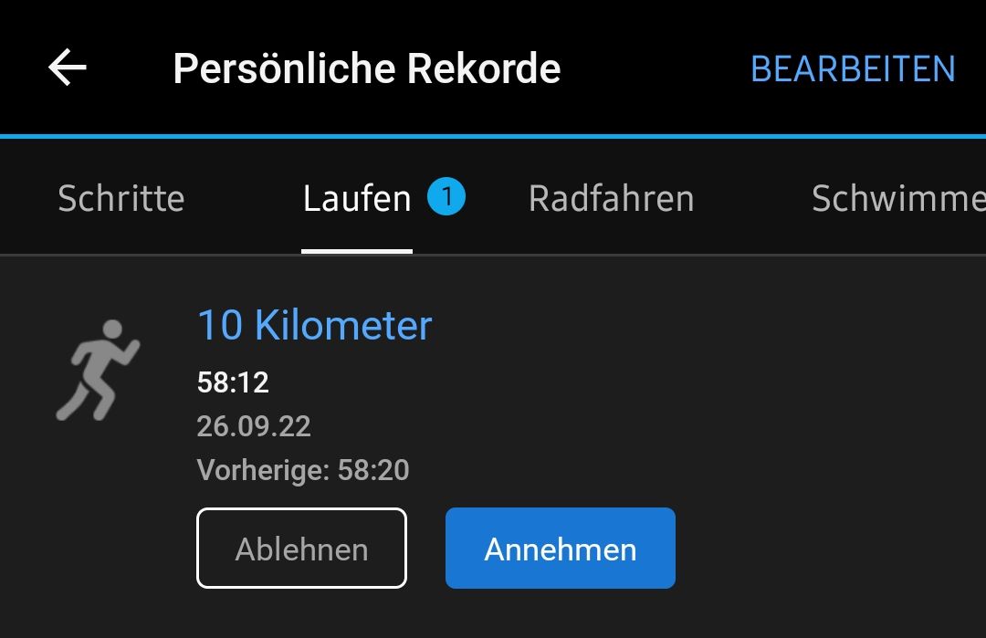 Anzeige der persönlichen Bestleistung für 10 km Laufen meiner Fitness-App